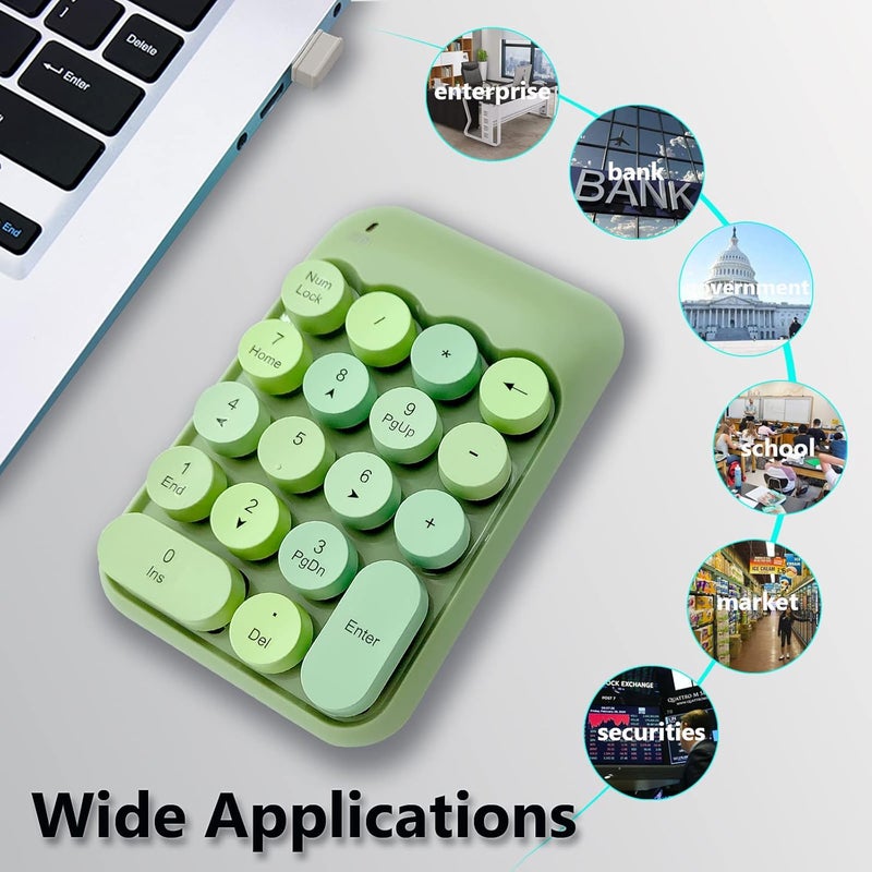 Seaciyan Wireless Number Pad, Ergonomic Cute Colorful Retro Mini Portable Numeric Keypad, 2.4G Cordless External Keyboard for Computer, Laptop (Green) - Image 5